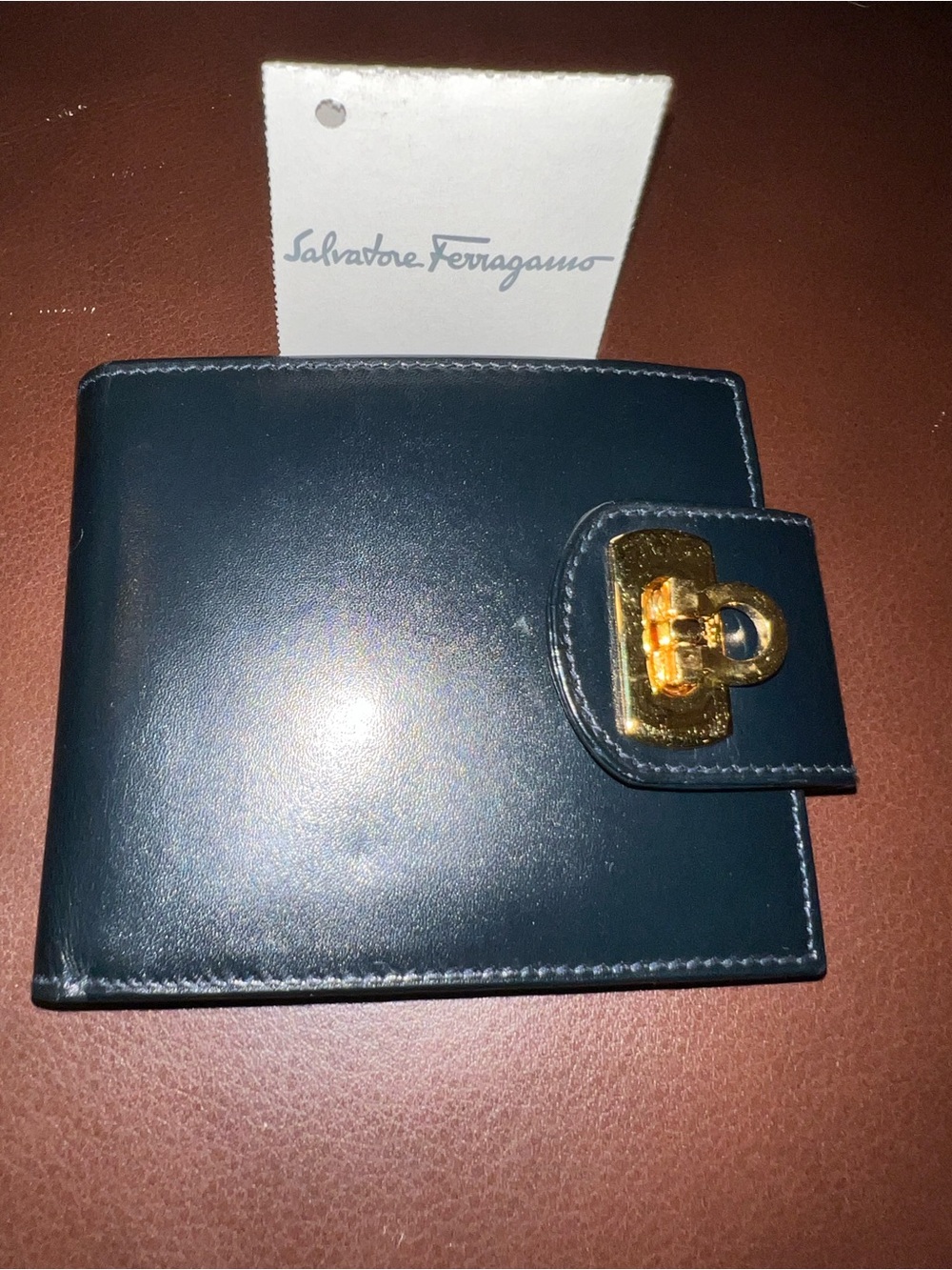 Salvatore Ferragamo Men's Blue Bifold Wallet Logo Accents Gold-Tone Hardware